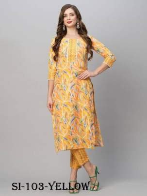 Yellow Regular Wear Printed Soft Cotton Kurtis With Pant