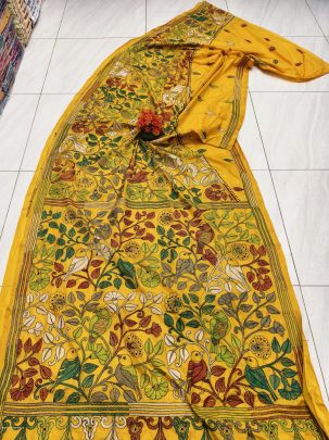 Yellow Soft Bangalori Handcraft Kanthastich Saree