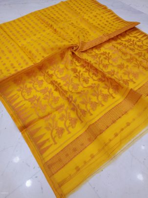 Yellow Soft Pure Maslin Dhakai Jamdani Saree