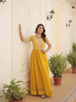 Yellow Tradition Designer Readymade Gown With Embroidery Work