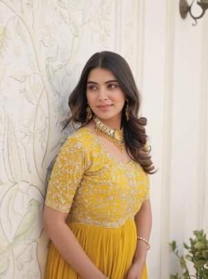 Yellow Tradition Designer Readymade Gown With Embroidery Work