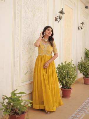 Yellow Tradition Designer Readymade Gown With Embroidery Work