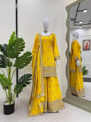 Yellow Wedding Embroidery And Sequence Work Chinon Silk Top And Palazo Suits