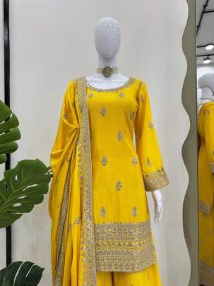 Yellow Wedding Embroidery And Sequence Work Chinon Silk Top And Palazo Suits