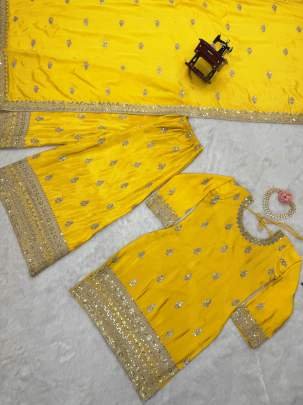 Yellow Wedding Embroidery And Sequence Work Chinon Silk Top And Palazo Suits
