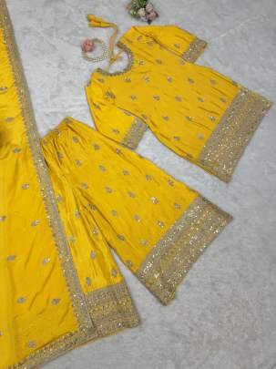 Yellow Wedding Embroidery And Sequence Work Chinon Silk Top And Palazo Suits