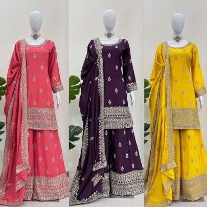 Yellow Wedding Embroidery And Sequence Work Chinon Silk Top And Palazo Suits