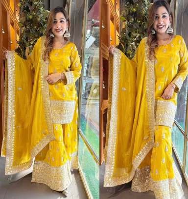 Yellow Wedding Embroidery And Sequence Work Chinon Silk Top And Palazo Suits