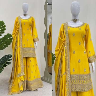 Yellow Wedding Embroidery And Sequence Work Chinon Silk Top And Palazo Suits