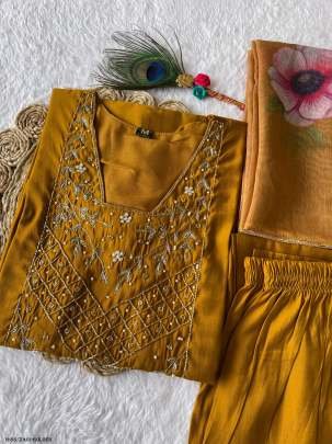 Zari Golden Silk Kurti Pant Set With Dupatta