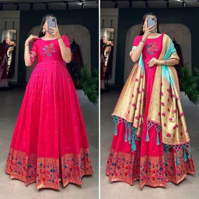 Zari Superb Pink Color Jacquard Silk Paithani Gown With Dupatta