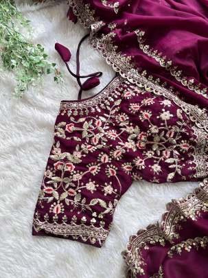 Zari Weave Wine Colour Georgette Saree
