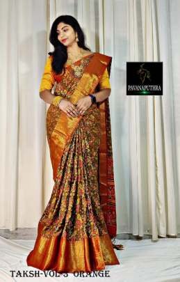 Jacquard Zari Weaving Border With Kalamkari Printed Orange  Saree