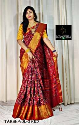 Jacquard Zari Weaving Border With Kalamkari  Printed Red  Saree
