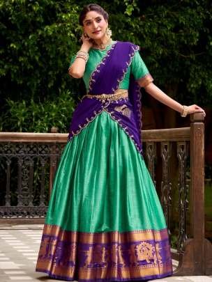 Zari Weaving Work Beige Green Colour South Indian Lehenga Saree