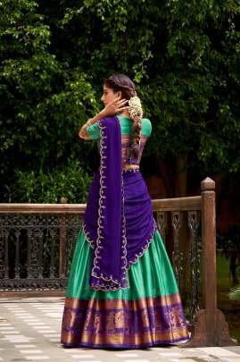 Zari Weaving Work Beige Green Colour South Indian Lehenga Saree