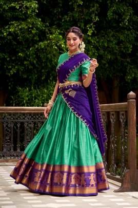 Zari Weaving Work Beige Green Colour South Indian Lehenga Saree