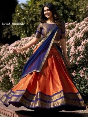 Zari Weaving Work Orange Color Half Lehenga