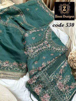 Ziaaz Designs Organza Embroidery Semi Stitch Suit From Fab Funda