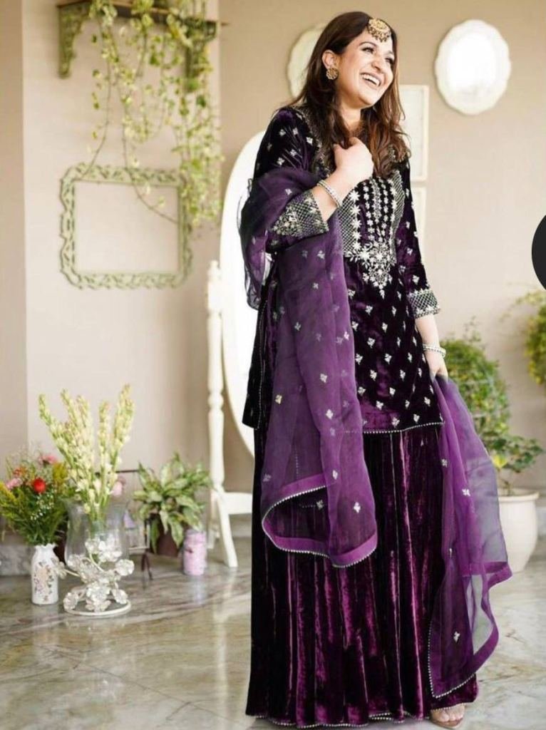 Velvet Embroidery Work Wine Colour Top Sharara Dupatta Set