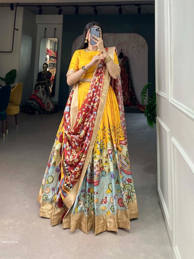 Yellow Kalamkari Print Dola Silk Lehenga Choli